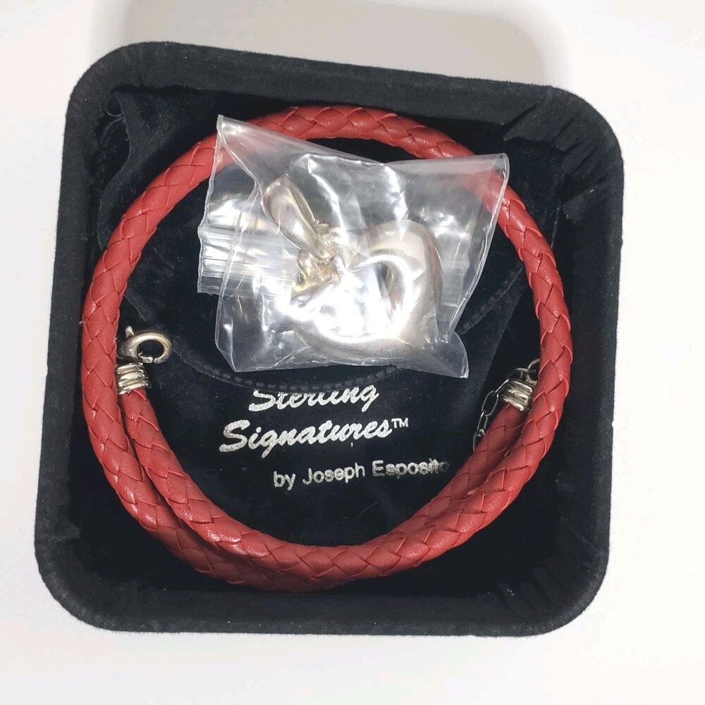 Joseph Esposito 925 Sterling Silver Heart Pendant Red Braided Leather Necklace - Picture 5 of 6